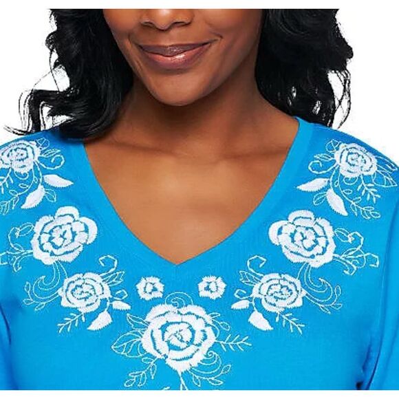 Denim & Co Womens 3X Embroidered Detail Knit Top Aqua Blue 3/4 Sleeves NWT - Picture 3 of 3